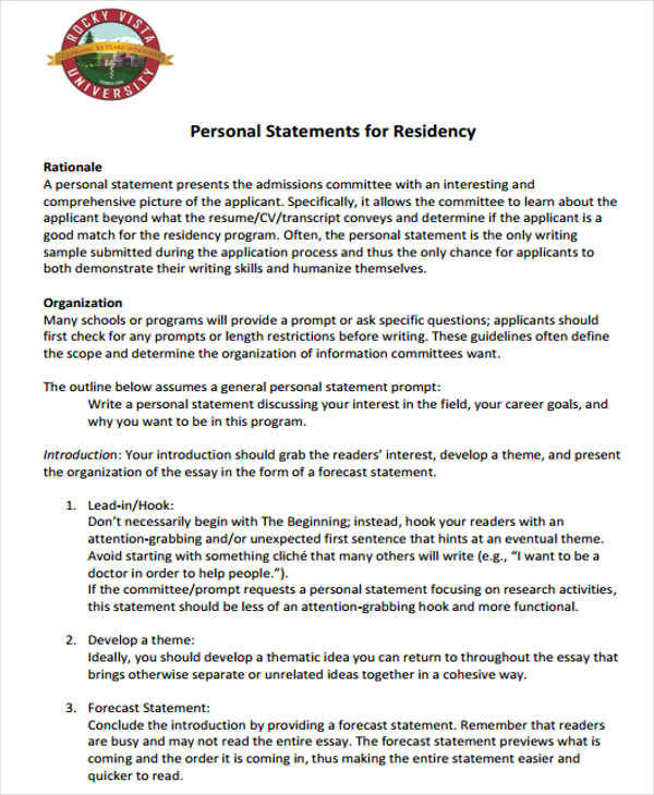 Free 27+ Statement Formats &amp; Samples In Pdf inside Personal Statement Template For Residency