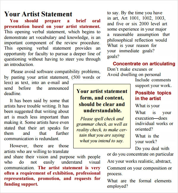 Free 8+ Sample Artist Statement Templates In Pdf | Ms Word inside Artist Statement Template