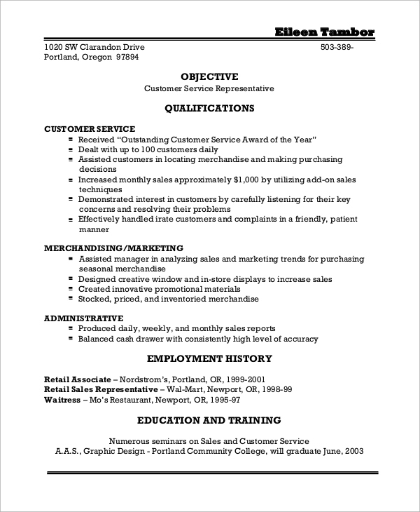 Free 8+ Sample Resumes For Customer Service In Pdf for Customer Service Personal Statement Template