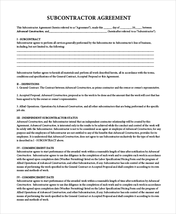 Free 9+ Sample Subcontractor Agreement Templates In Pdf | Ms Word | Excel in Fresh Short Form Construction Contract Template