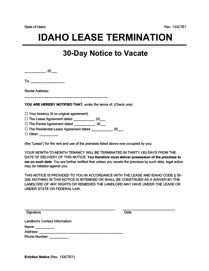 Free Idaho Eviction Notice Forms [Notice To Quit] throughout 30 Day Notice Contract Termination Letter Template