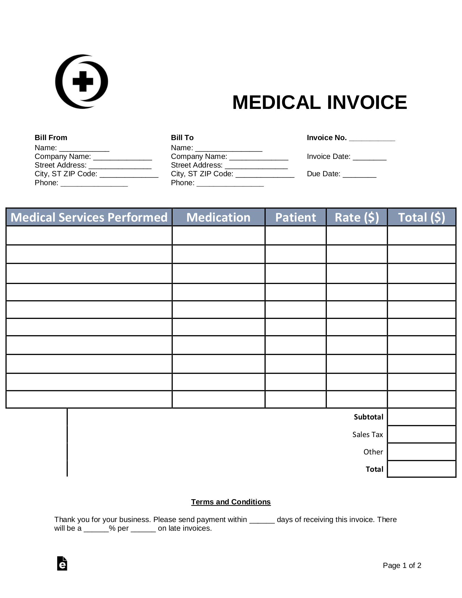 Free Medical Invoice Template - Word | Pdf - Eforms within Patient Insurance Statement Template