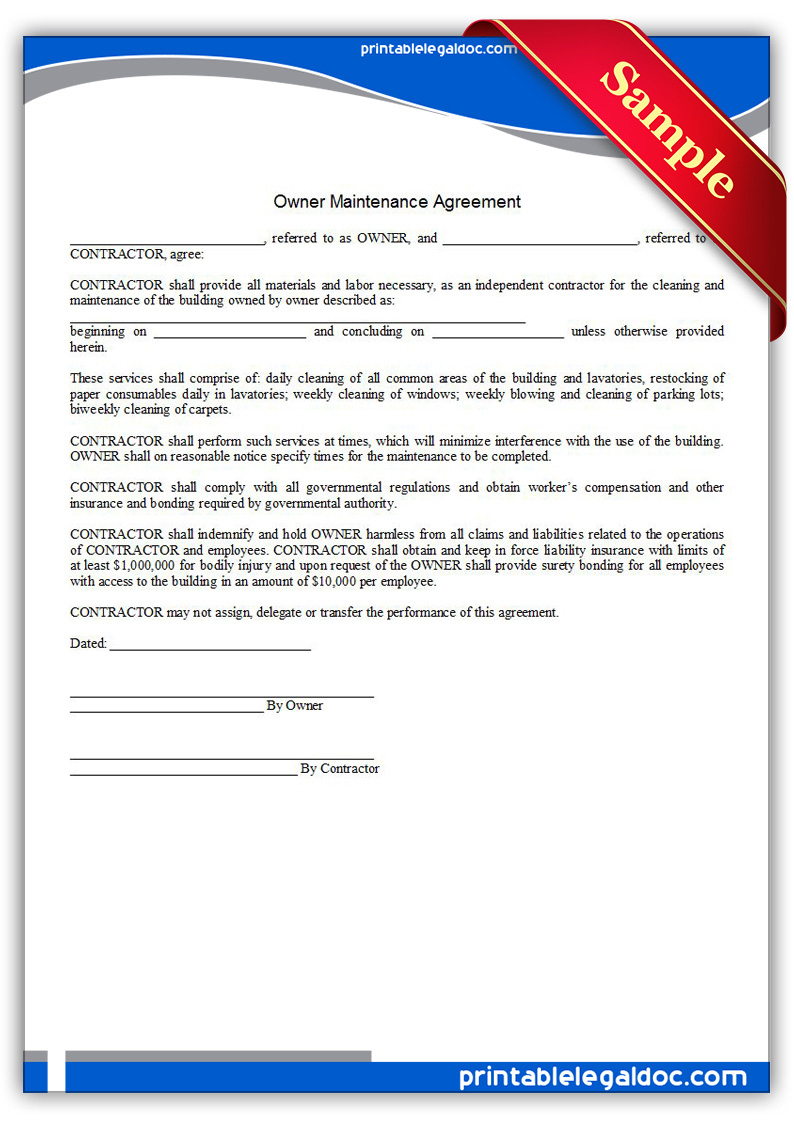 Free Printable Building Maintenance Agreement Form (Generic) within New Window Installation Contract Template