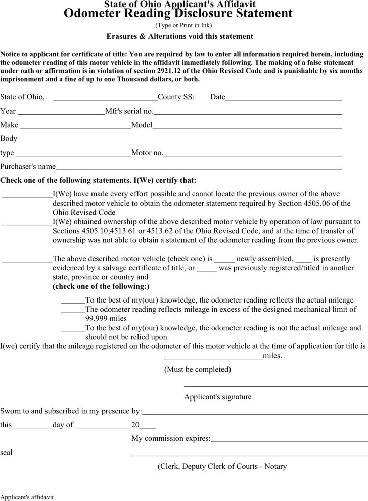 Free State Of Ohio Applicant'S Affidavit (Odometer Reading Disclosure inside Odometer Statement Template
