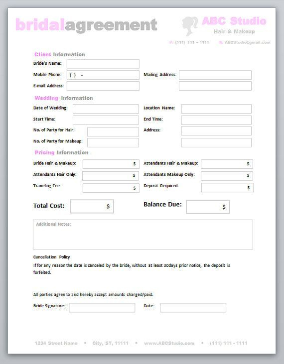 Freelance Hair Stylist &amp; Makeup Artist Bridal Agreement Contract with New Beauty Salon Contract Of Employment Template