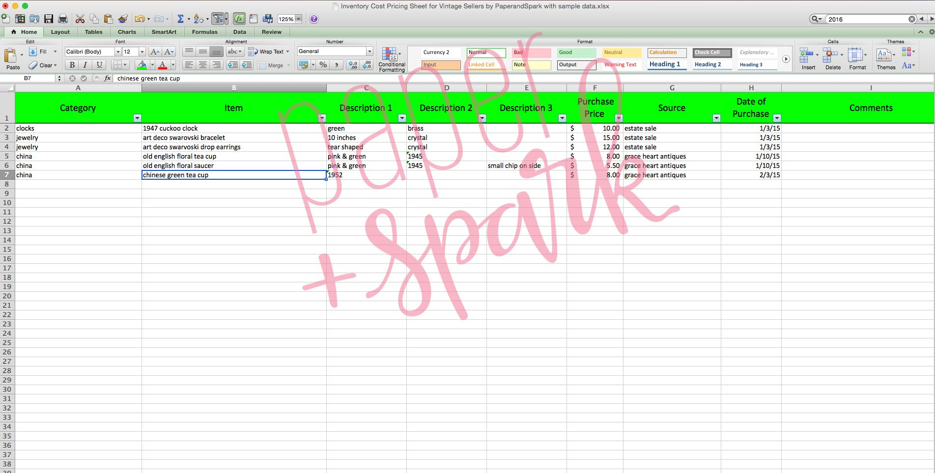 Inventory For Vintage Seller Spreadsheet - Paper + Spark | Cost Of with regard to Fresh Cost Of Goods Sold Spreadsheet Template