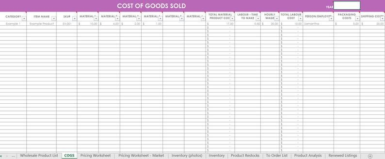 Inventory Spreadsheet Etsy Seller Tool Shop Management Supplies regarding Cost Of Goods Sold Spreadsheet Template
