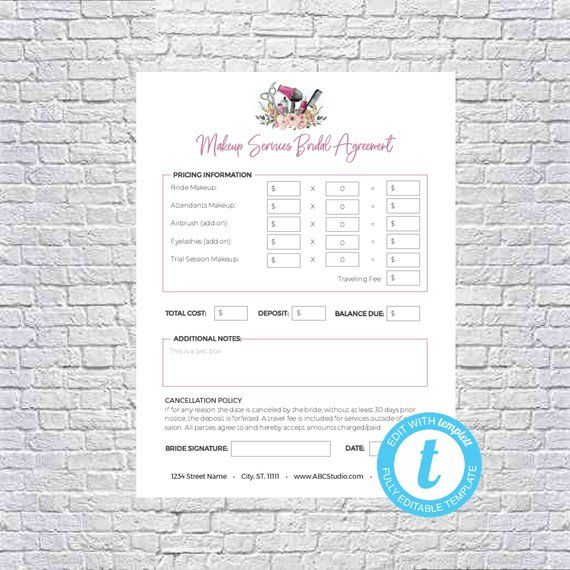 Makeup Artist Bridal Or Event Agreement Contract Template | Templett for Free Bridal Makeup Contract Template