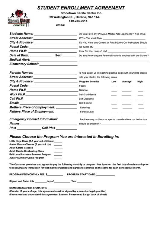 Martial Arts Student Enrollment Agreement Form Printable Pdf Download inside Fresh Parent Student Contract Template