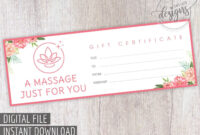 Massage Gift Certificate, Gift Certificate Printable, Gift Coupon For with regard to Fascinating Massage Gift Certificate Template Free Download