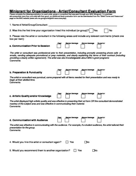 Minigrant - Artist - Consultant Evaluation Form - Mississippi Arts for Art Commission Statement Template