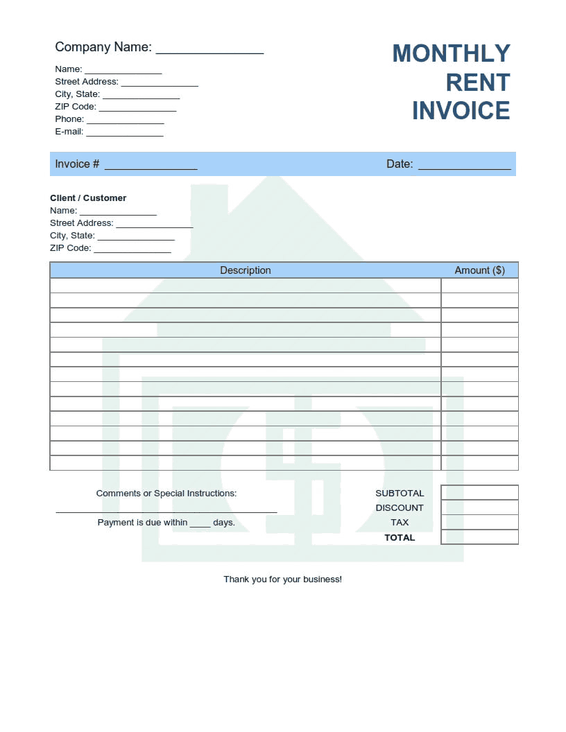 Monthly Rent Invoice Template Word | Excel | Pdf Free Download | Free with Monthly Billing Statement Template