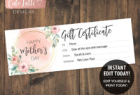 Mother&amp;#039;S Day Gift Certificate Printable Editable Template, Personalized in Free Mothers Day Gift Certificate Template