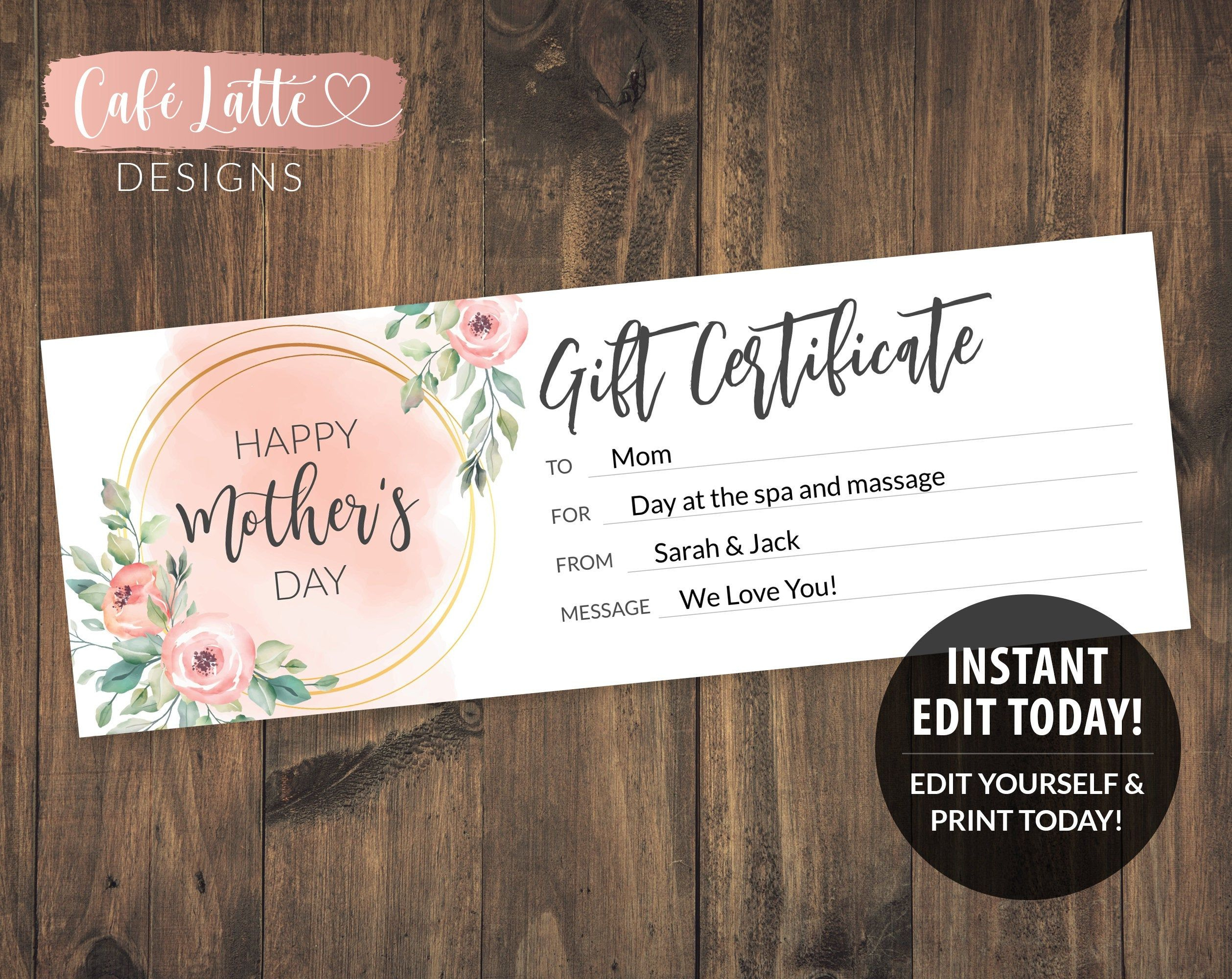 Mother'S Day Gift Certificate Printable Editable Template, Personalized in Free Mothers Day Gift Certificate Template