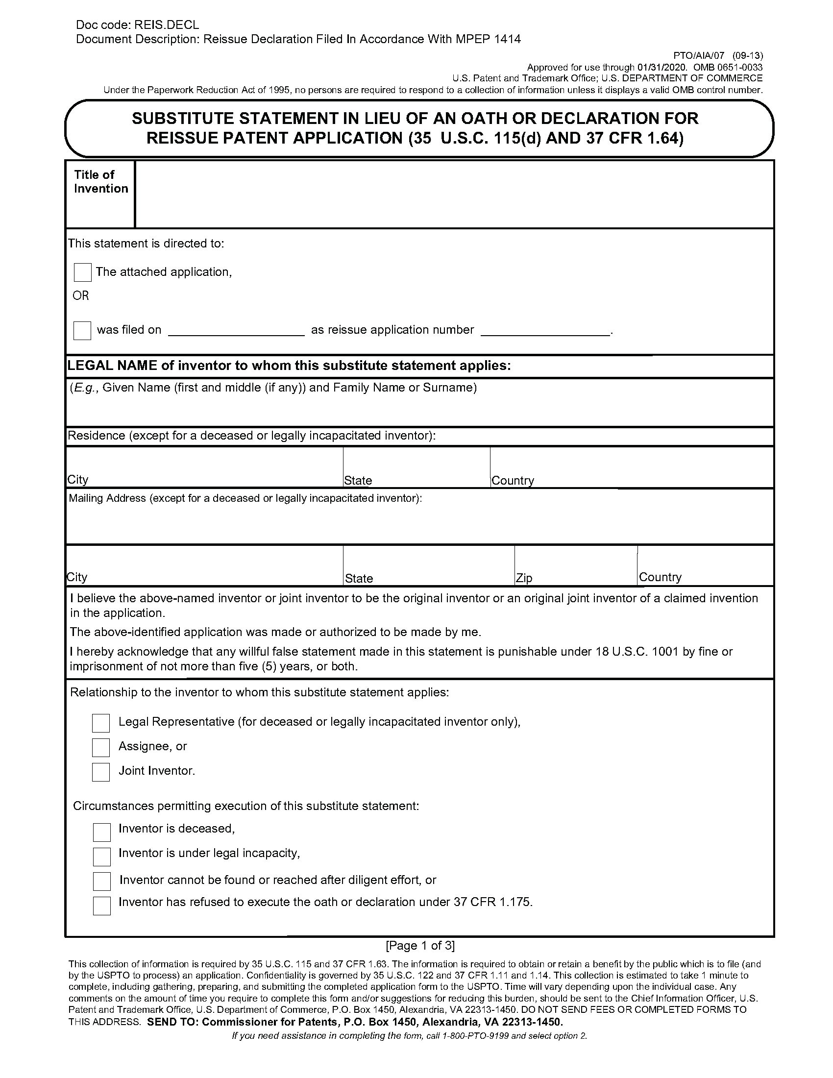 Mpep 1414.01: Reissue Oath Or Declaration In Reissue Application Filed throughout Copyright Transfer Statement Template
