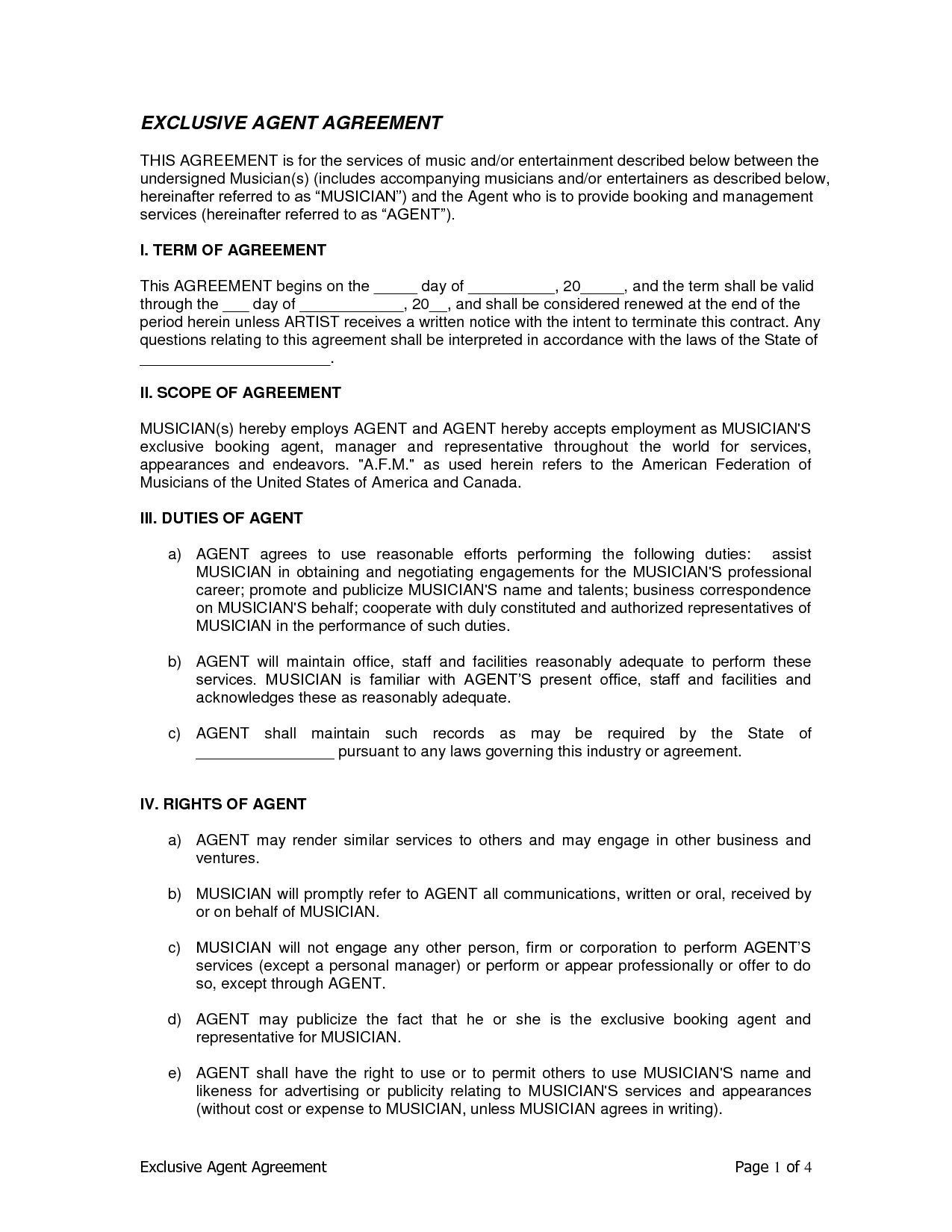 Musician Contract - Free Printable Documents intended for Amazing Songwriting Contract Template