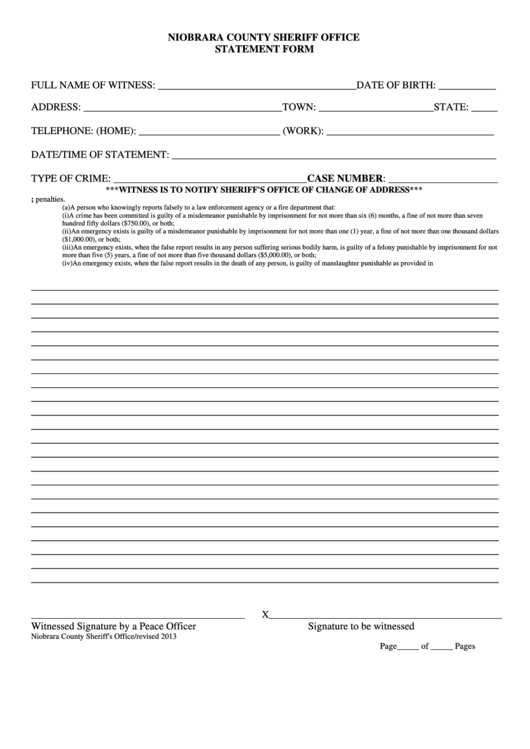 Niobrara County Sheriff Office Statement Form Printable Pdf Download with regard to Voluntary Statement Template