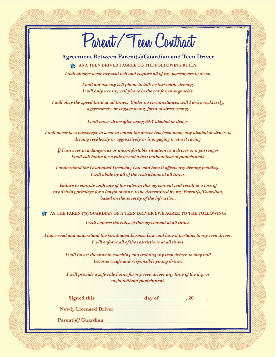 Parent/Teen Driving Agreement Template Download Printable Pdf throughout Fascinating Taxi Driver Contract Agreement