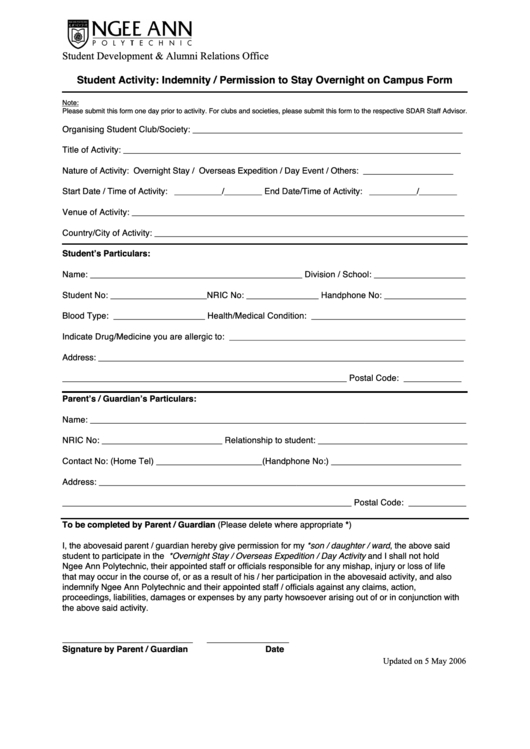 Permission To Stay Overnight On Campus Form Printable Pdf Download in Fresh Parent Student Contract Template