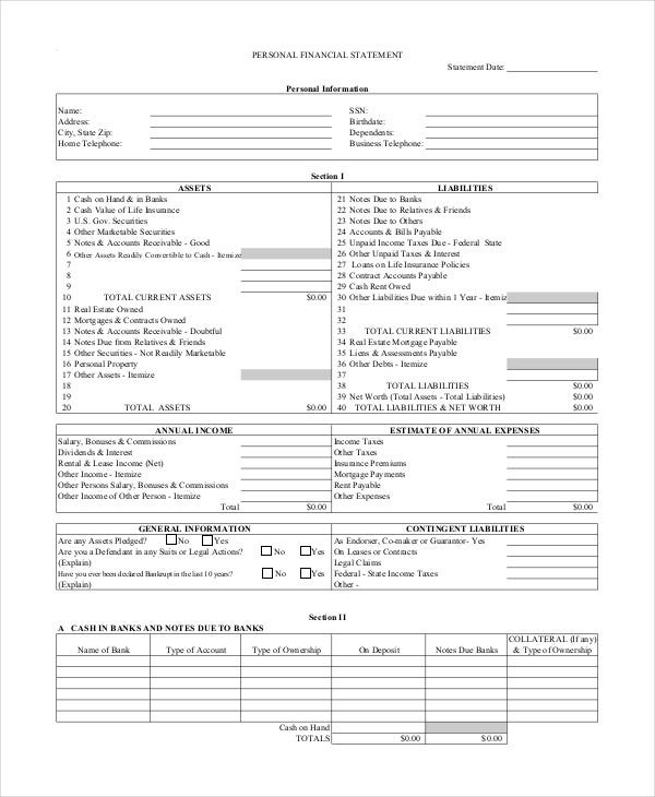 Personal Financial Statement - 9+ Free Excel, Pdf Documents Download inside Detailed Personal Financial Statement Template
