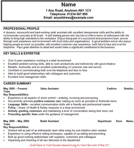 Personal Statement For Cv Sales Assistant - Sales Assistant Cv Template pertaining to Customer Service Personal Statement Template