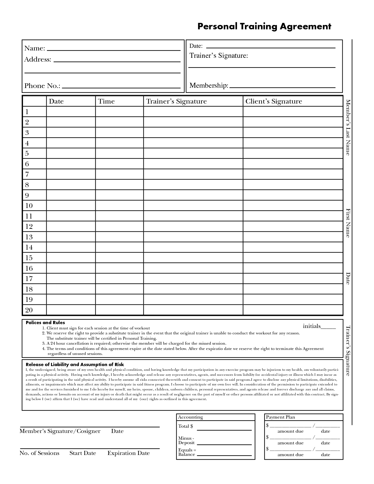 Personal Training Contract Template - Free Printable Documents throughout Fitness Instructor Contract Agreement Template