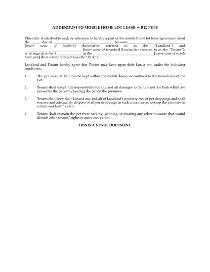 Pet Addendum For Mobile Home Lot Lease | Legal Forms And Business for Mess Contract Agreement