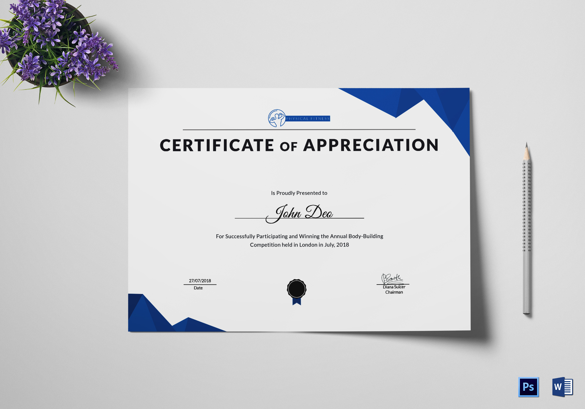 Physical Fitness Appreciation Certificate Design Template In Psd, Word within Fresh Physical Fitness Certificate Templates