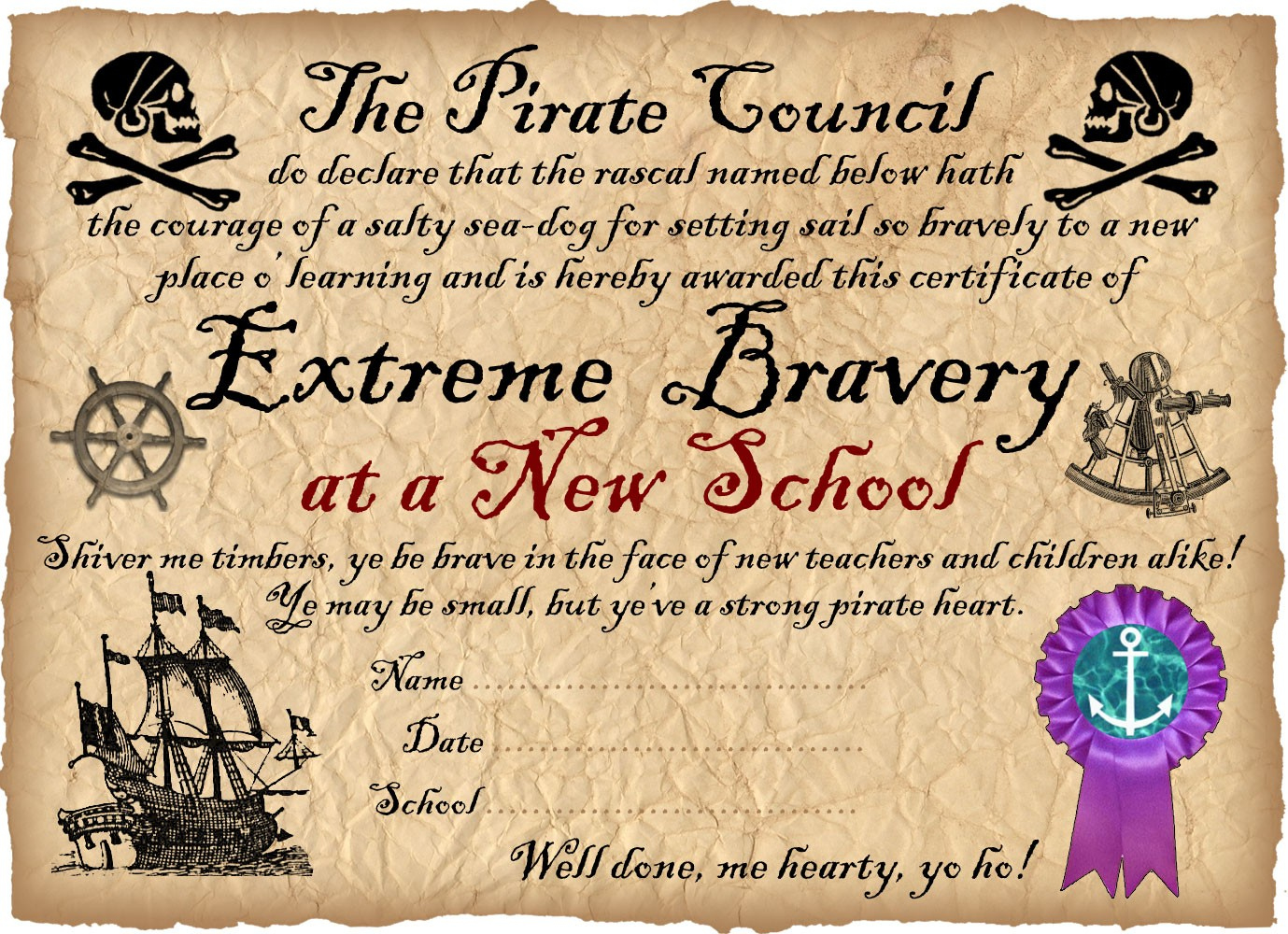 Pirate Certificate: Award For Bravery In Starting A New School for Bravery Award Certificate Templates