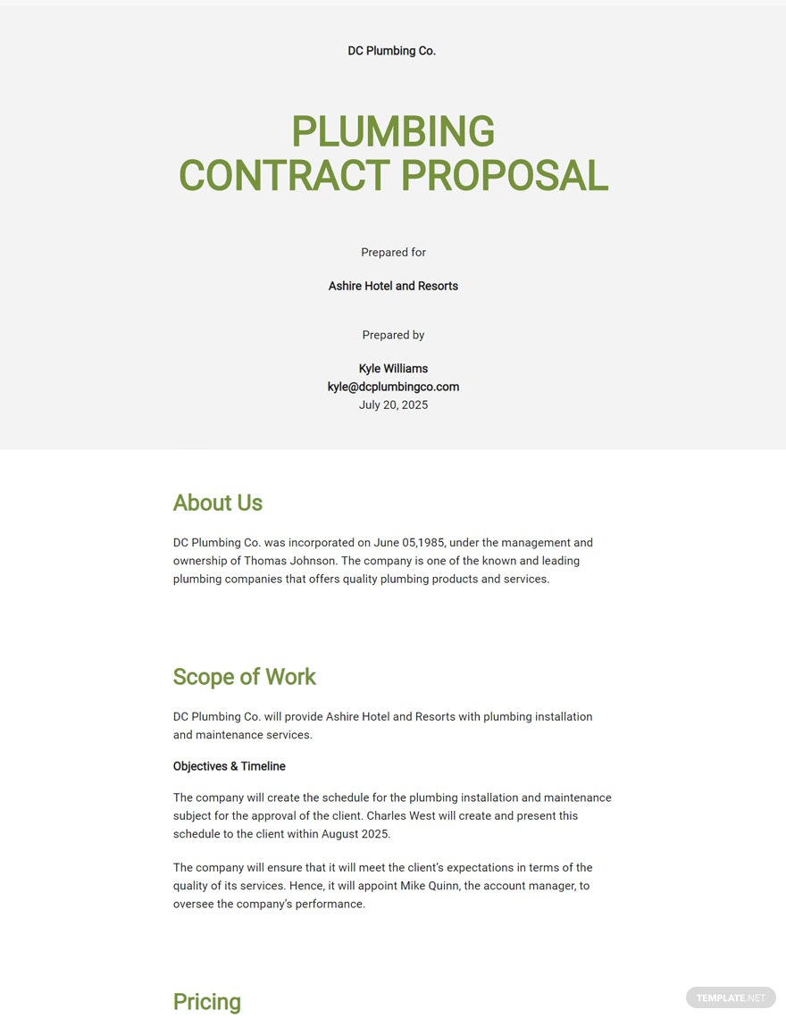 Plumbing Contract Proposal Template - Google Docs, Word, Apple Pages intended for Plumbing Service Contract Template