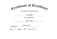 Printable Certificate Of Excellence Template, Excellence Award for Awesome Generic Certificate Template