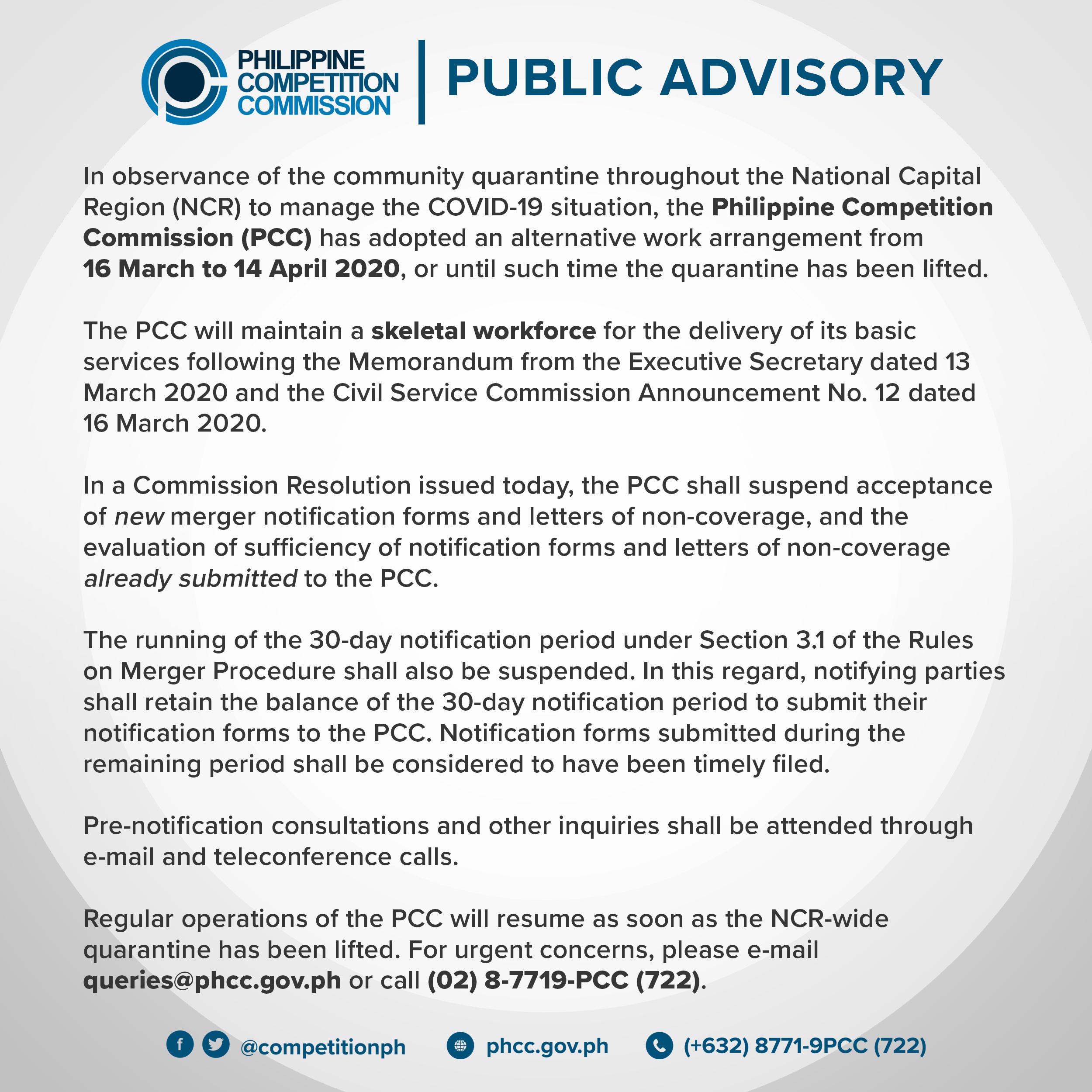 Public Advisory: Suspension Of Certain Merger Processes And Timelines regarding New No Compete Contract Template