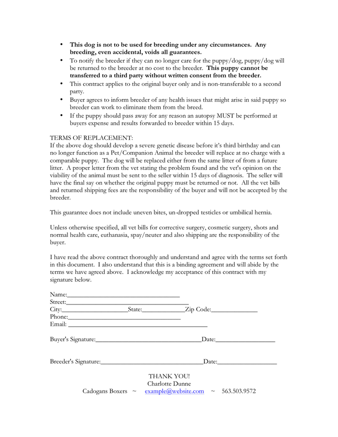 Puppy Sales Contract Sample In Word And Pdf Formats - Page 2 Of 2 in Puppy Purchase Contract Template