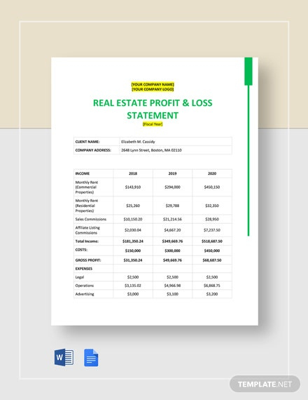 Real Estate Financial Statement Template - Google Docs, Word | Template for Real Estate Agent Profit And Loss Statement Template