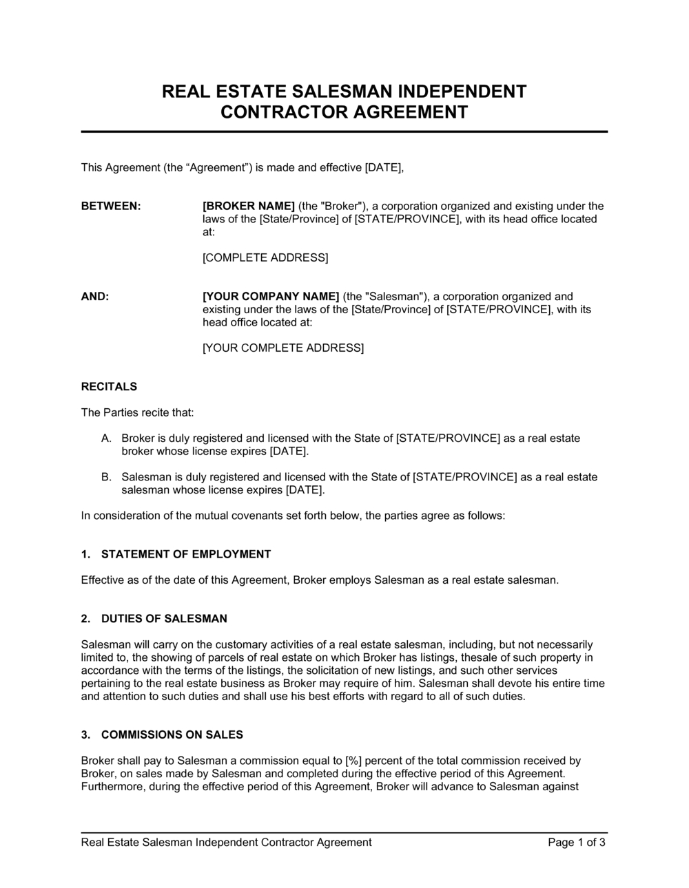 Real Estate Salesman Independent Contractor Agreement Template | with regard to Independent Contractor Commission Agreement Template