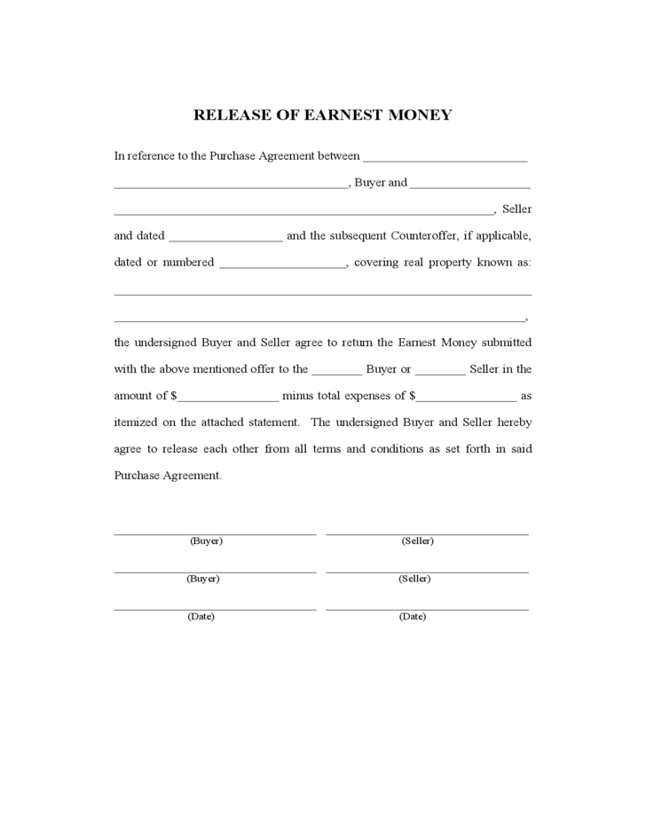 Release Of Earnest Money Free Download intended for Amazing Earnest Money Contract Template