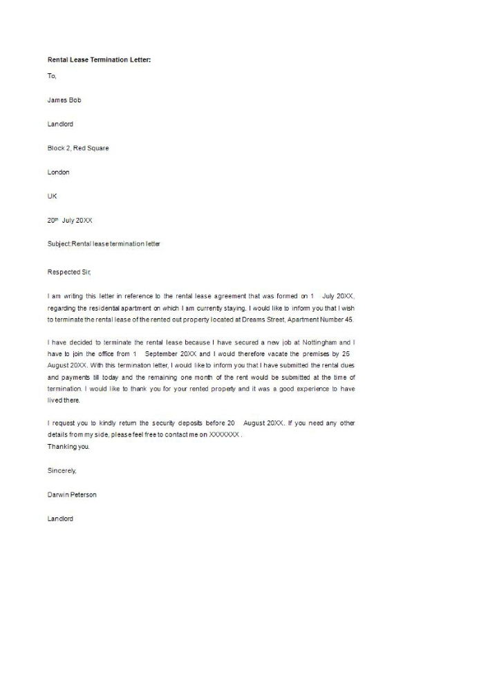 Rental Termination Letter - 7+ Examples, Format, Sample | Examples with Fascinating Rental Contract Cancellation Letter Template