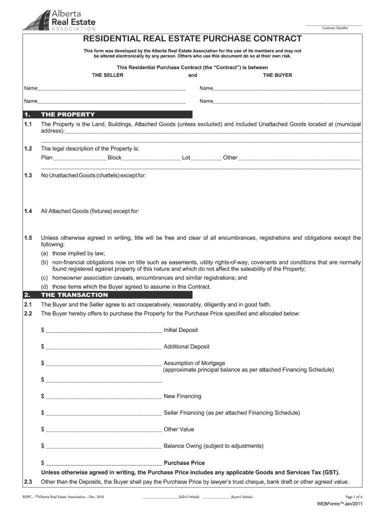 Residential Real Estate Purchase Contract Alberta Sample Form - Fill with regard to Property Purchase Contract Template