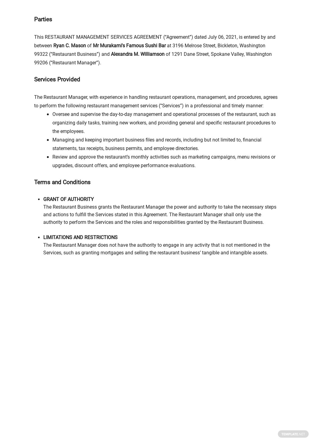 Restaurant Management Services Agreement Template - Google Docs, Word in Managed Service Provider Contract Template