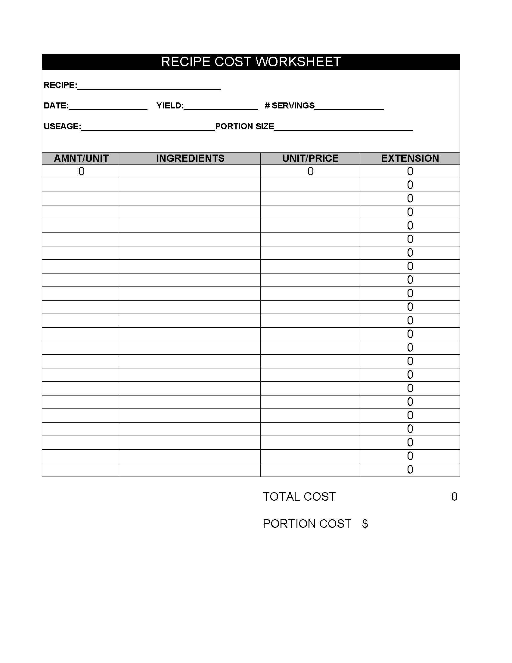 Restaurant Recipe Cost Form. #Weddingcateringcost | Restaurant throughout Simple Recipe Cost Spreadsheet Template
