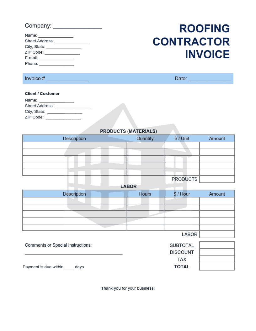 Roofing Contractor Invoice Template Word | Excel | Pdf Free Download with Window Installation Contract Template