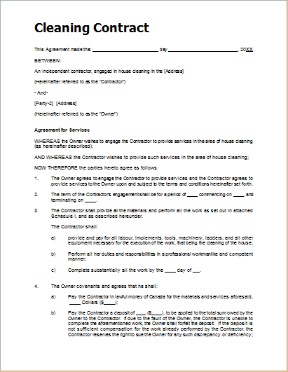 Sample Cleaning Contract Template For Ms Word | Document Hub with regard to Janitorial Services Contract Template