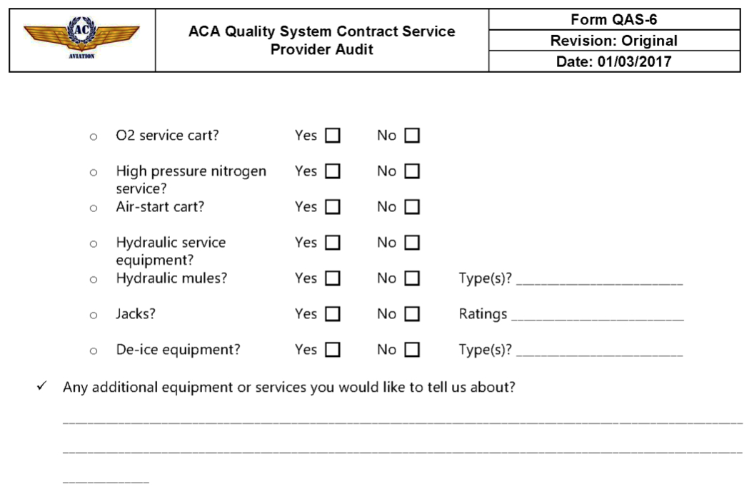 Sample Forms — Ac-Aviation Documentation 1.0 Documentation in Aircraft Maintenance Contract Template