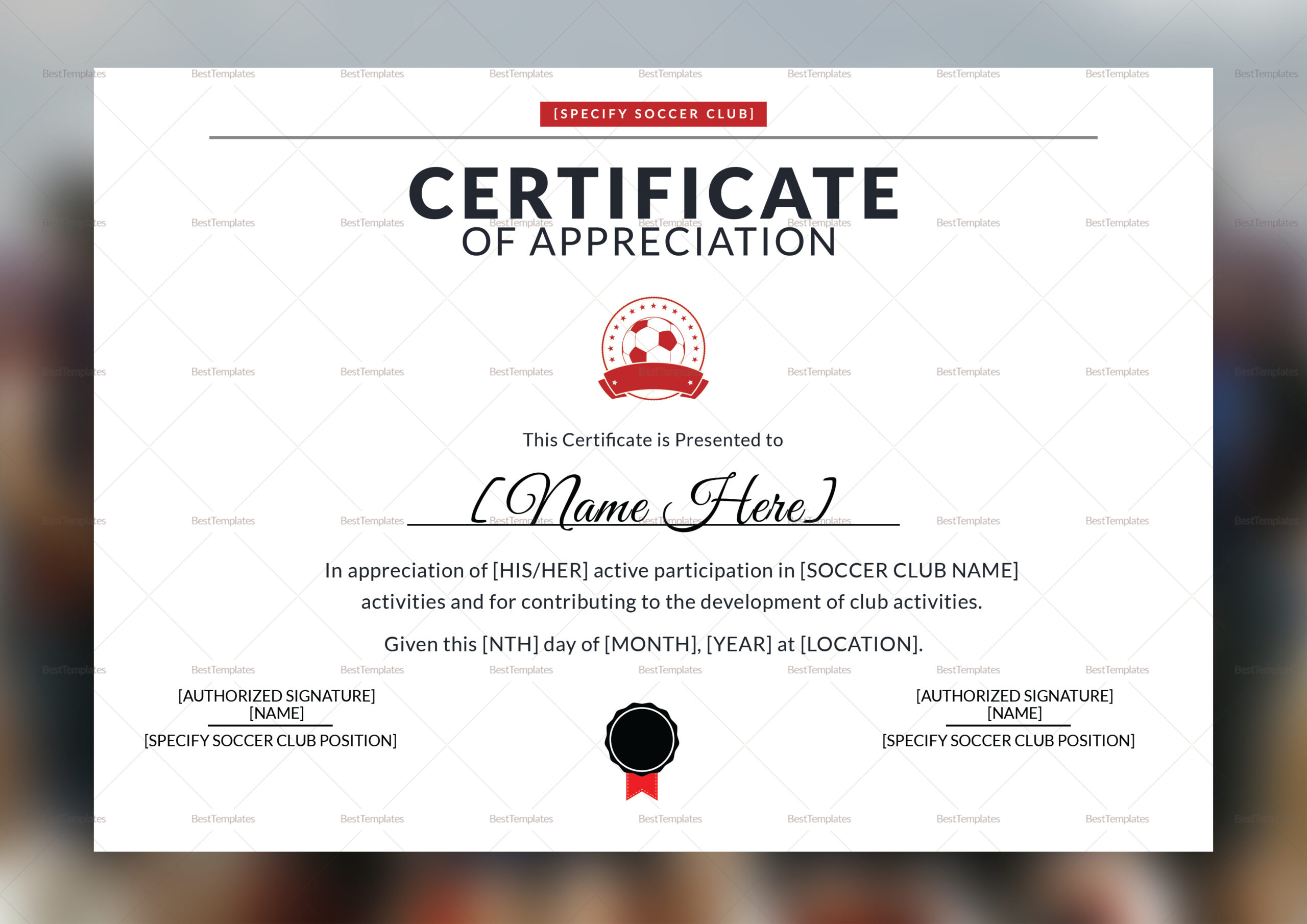 Soccer Appreciation Certificate Design Template In Psd, Word within Sports Award Certificate Template Word