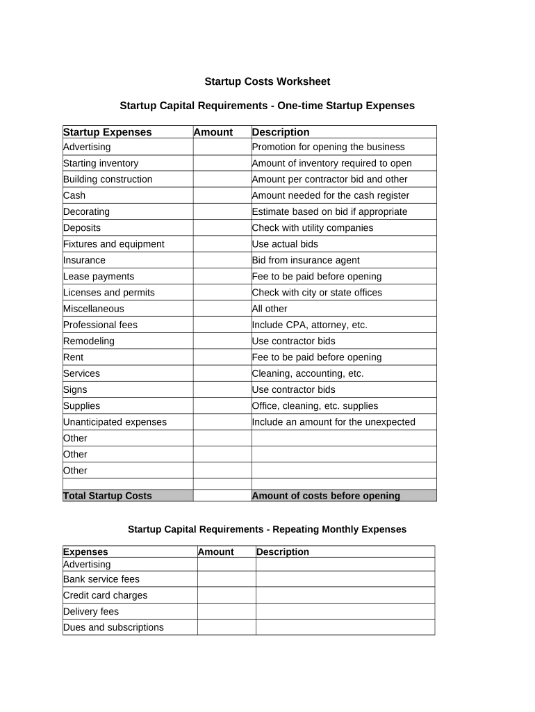 Startup Costs Doc Template | Pdffiller pertaining to Business Startup Cost Template