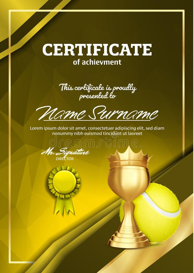Tennis Certificate Diploma With Golden Cup Vector. Sport Award Template with Free Tennis Gift Certificate Template