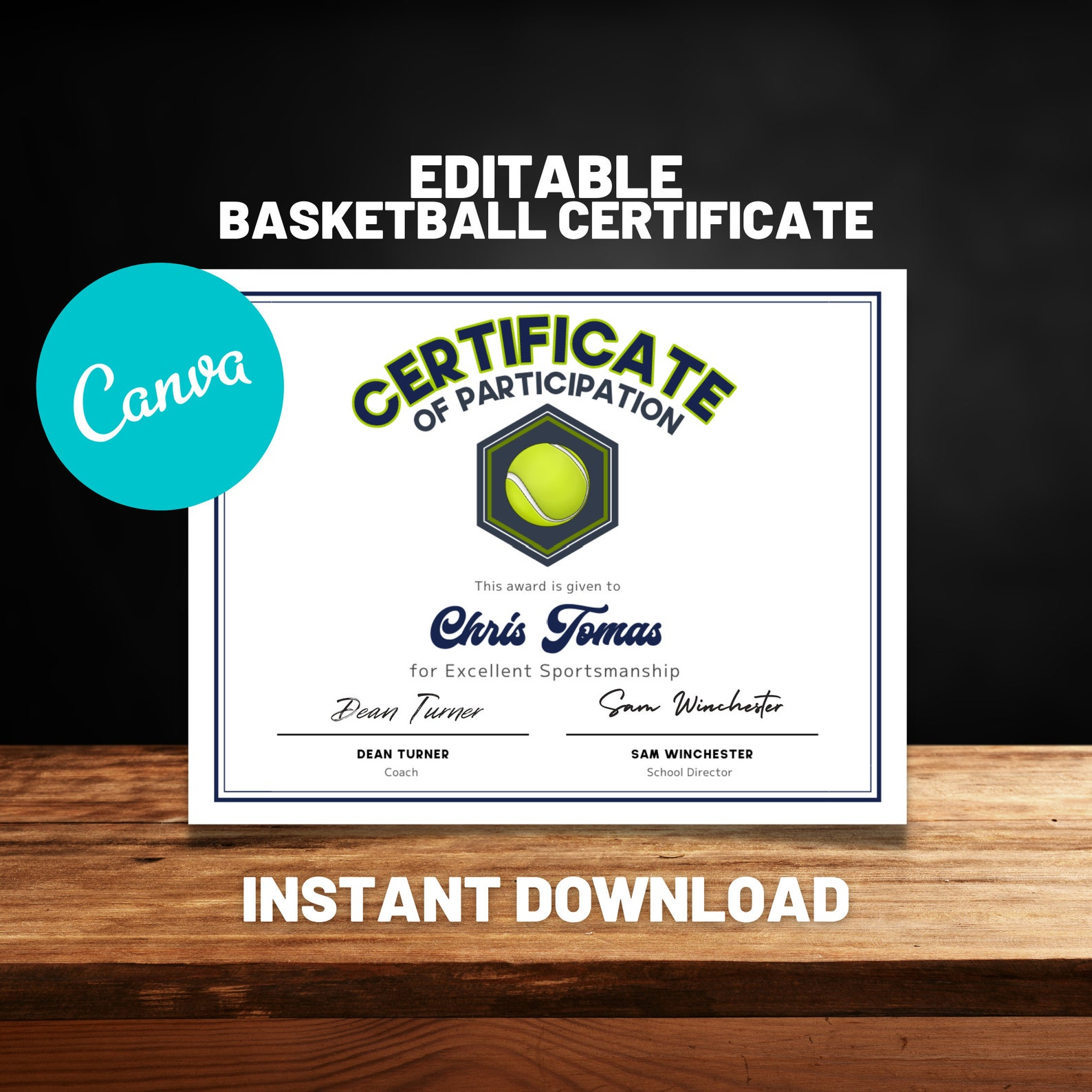 Tennis Certificate Fully Editable Canva Template Instant | Etsy throughout New Editable Tennis Certificates