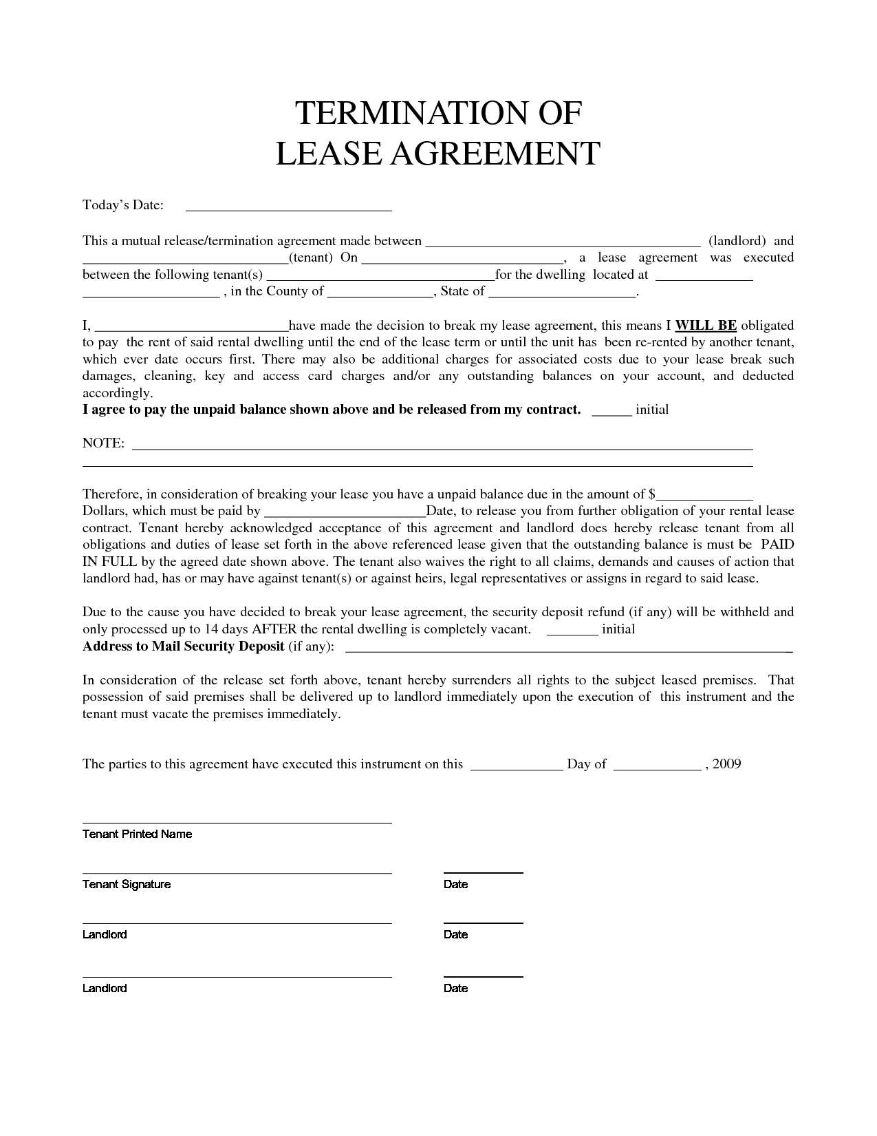 Termination Of Lease Agreement Form - Free Printable Documents intended for Fascinating Rental Contract Cancellation Letter Template