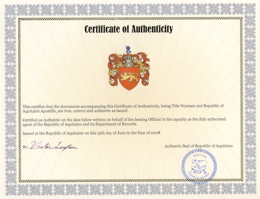 Titles Of Nobility Of The Republic Of Aquitaine for Simple Certificate Of Championship