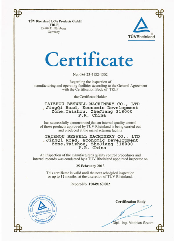 Tuv Factory Inspection Certificate - Taizhou Beswell Machinery Co., Ltd. within Certificate Of Manufacture Template